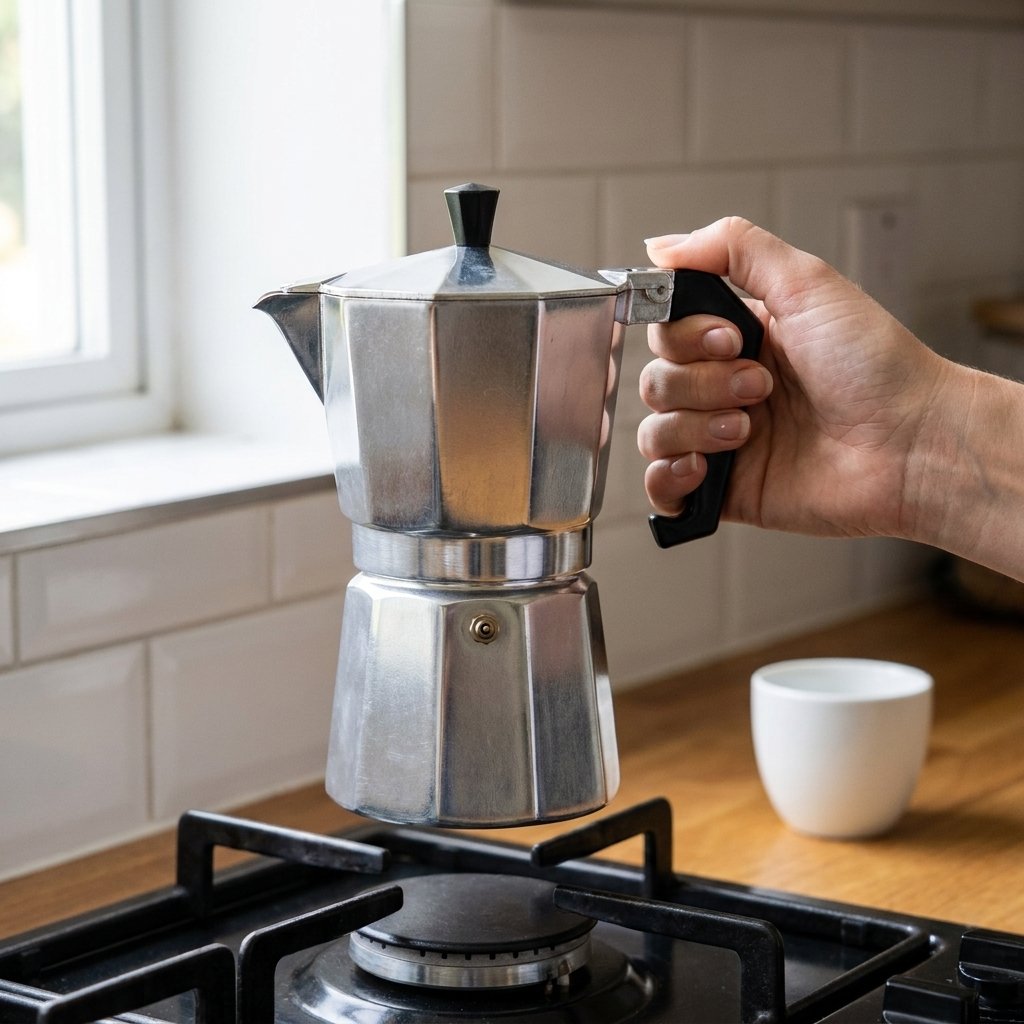 Pura Moka moka pot lifted from the stove