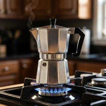 Pura Moka moka pot brewing on a gas flame